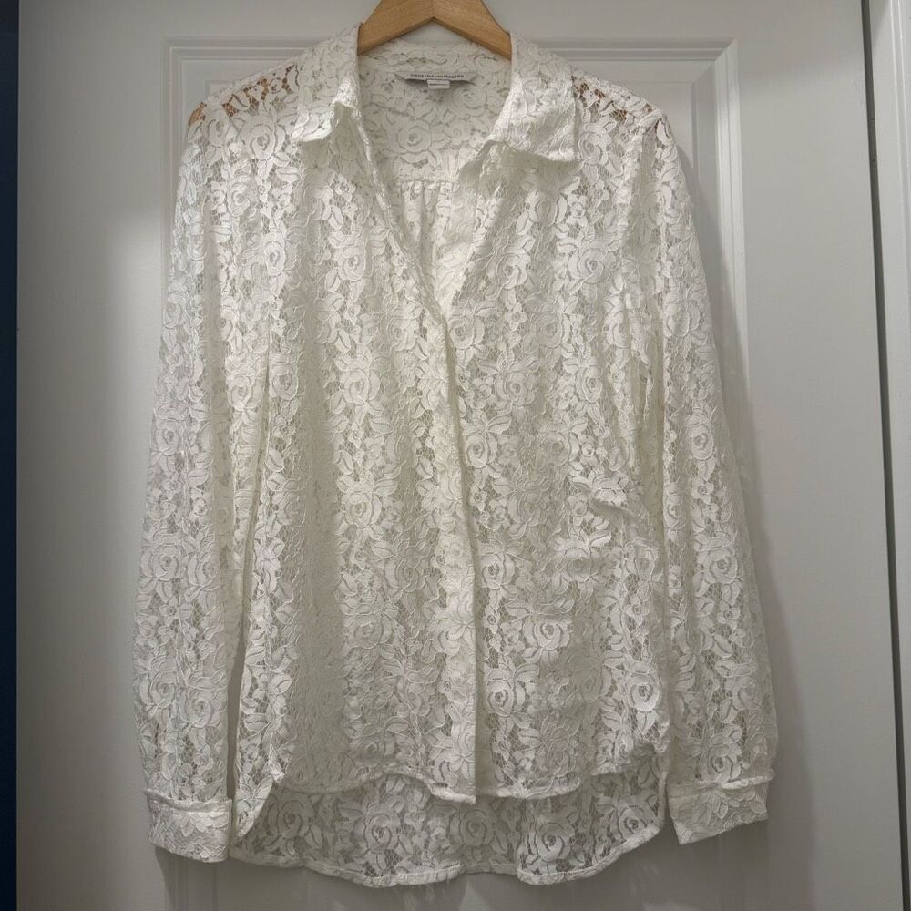 Diane von Furstenberg DVF Ivory Floral Lace Long Sleeve Button Front Blouse